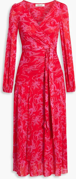 Catalina wrap-effect printed mesh midi dress