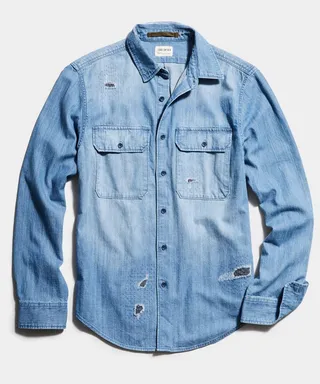 Two Pocket Utility Long Sleeve Shirt in Repaired Indigo