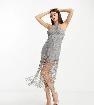 ASOS DESIGN halterneck diamante mini dress with gem encrusted tassel skirt