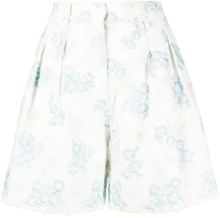 Floral-Embroidery Pleated Shorts