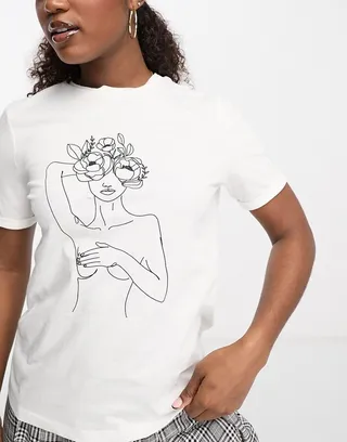 Pieces motif front print t-shirt in white