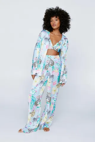 Nasty Gal Womens Satin Mixed Animal Floral 3pc Pajama Pants Set