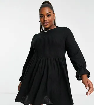 Simply Be ribbed smock mini dress in black