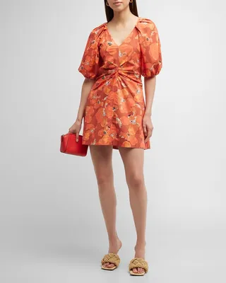 Lacey Puff-Sleeve Sandwashed Cotton Mini Dress