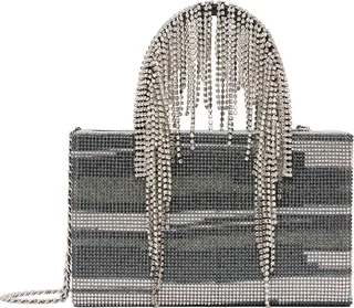 KARA Silver Midi Crystal Fringe Bag