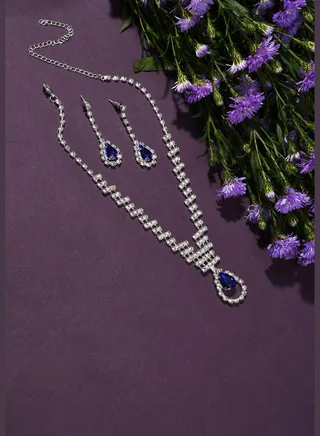 Silver Plated Designer Stone Necklace and Earring Set