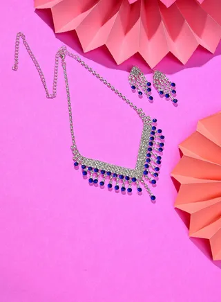 Silver Plated Designer Stone Necklace and Earring Set