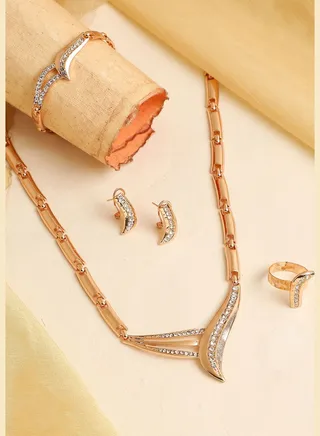 Gold Plated Designer Stone Necklace, Earring, Ring and Bracelet Set