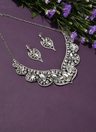 Silver Plated Designer Stone Necklace and Earring Set