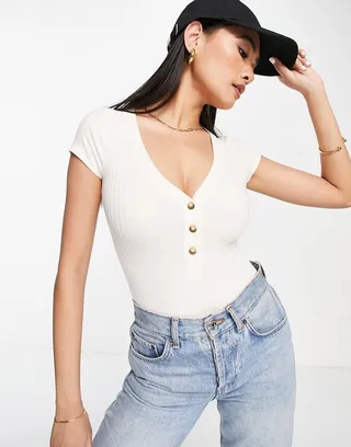 ASOS DESIGN v neck ribbed bodysuit with cap sleeves and button detail stone