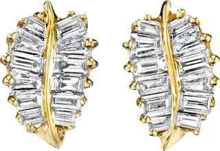18k Yellow Gold Small Palm Leaf Studs .39cts Baguette Diamonds