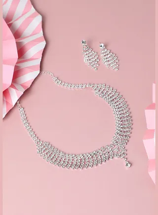 Silver Plated Party Designer Stone Necklace and Earring Set For Women