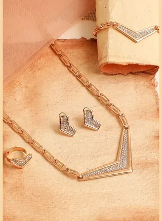 Gold Plated Designer Stone Necklace, Earring, Ring and Bracelet Set