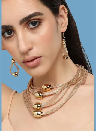 Gold Plated Designer Stone Party Necklace and Earring Set For Women