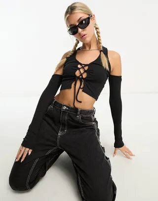 Stradivarius STR cut out shrug top in black