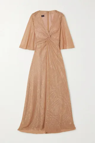 Talbot Runhof - Cape-effect Twist-front Sequin-embellished Metallic Voile Gown - Orange