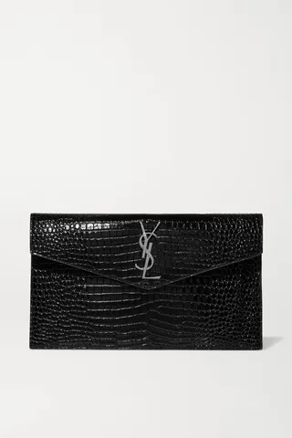 SAINT LAURENT - Uptown Croc-effect Patent-leather Pouch - Black