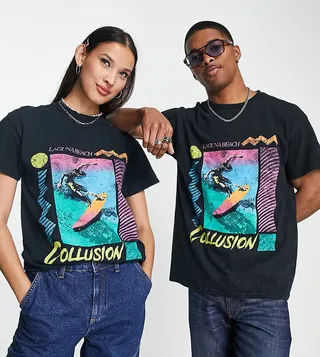 COLLUSION Unisex t-shirt with surf print in black