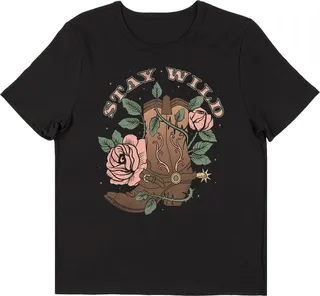 Vintage Country Boots and Roses “Stay Wild” Women’s Black Short Sleeve Crew Neck Tee-XXL