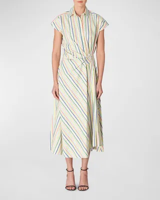 Striped Twisted-Knot Cap-Sleeve Midi Shirtdress