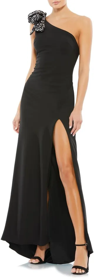 One-Shoulder Sequin Bow Trumpet Gown