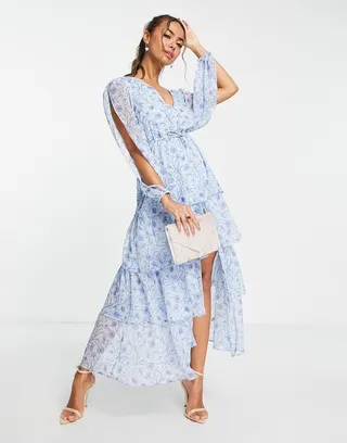 Miss Selfridge button through tiered midaxi dress in blue botanical floral