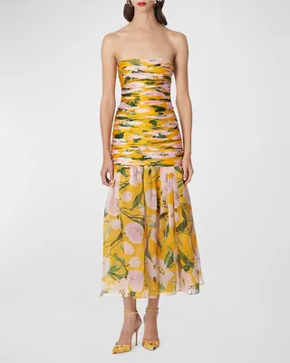 Strapless Floral-Print Gathered Drop-Waist Midi Dress
