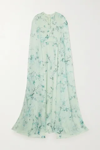 Erdem - Kenley Cape-effect Tie-detailed Floral-print Silk-voile Gown - Blue