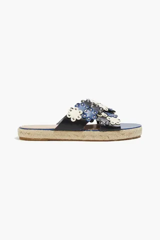 Flower Puzzle studded laser-cut leather slides
