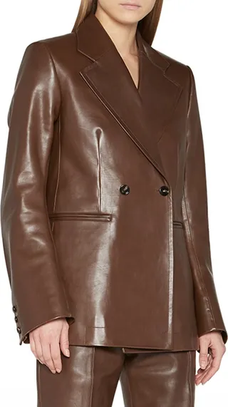 Double-Breasted Polished Leather Blazer Jacket