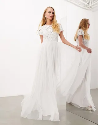 ASOS EDITION Isabelle sequin cutwork bodice maxi wedding dress with cap sleeve in ivory