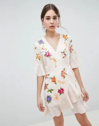 ASOS DESIGN Embroidered Wrap Mini Dress