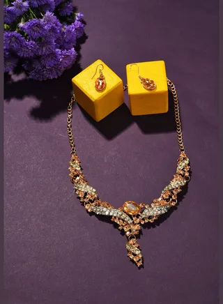 Gold Plated Designer Stone Necklace and Earring Set