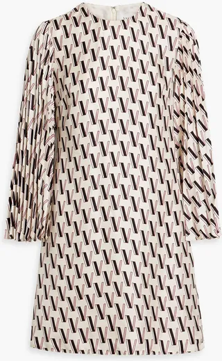 Pleated printed silk-twill mini dress