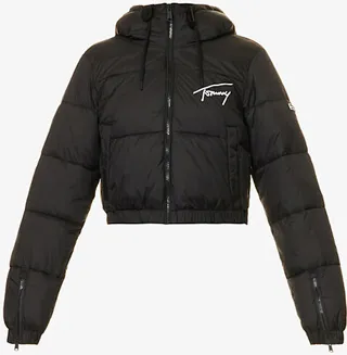 Womens Black ogo-embroidered Cropped Hooded Shell Jacket