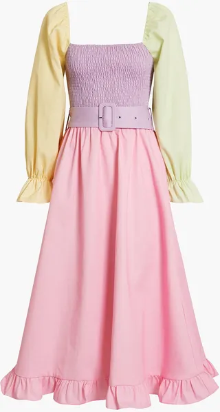 Shirred color-block twill midi dress