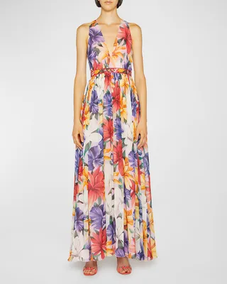 Bold Floral-Print Plunging Silk Maxi Dress
