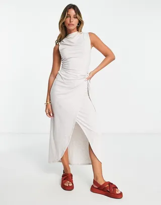 ASOS DESIGN sleeveless sarong wrap midi dress with high neck in oatmeal