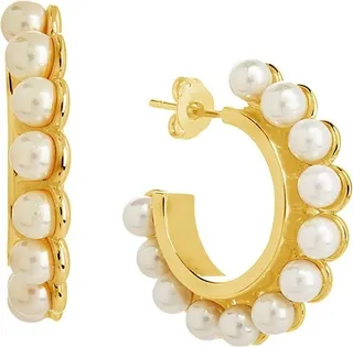 14K Goldplated & Shell Pearl Huggie Hoop Earrings