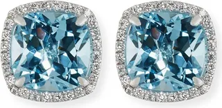 18K White Gold Blue Topaz Diamond Halo Stud Earrings