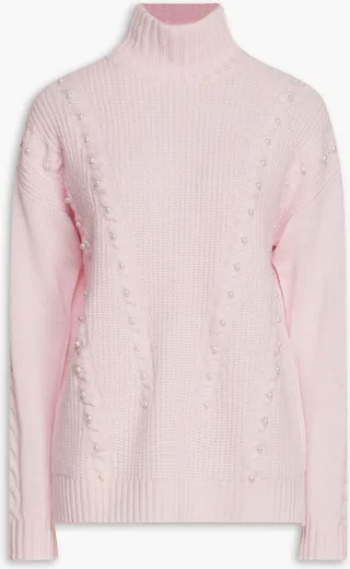Embellished cable-knit cashmere turtleneck sweater