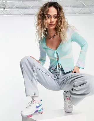 ASOS DESIGN cardigan with tie detail in wavy pattern