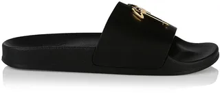 Goldtone Logo Leather Slide Sandals