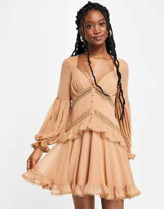ASOS DESIGN lace insert mini dress with button detail in stone