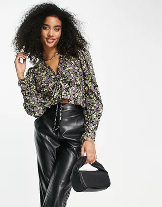 ASOS DESIGN ruched front long sleeve blouse in black base bright floral print