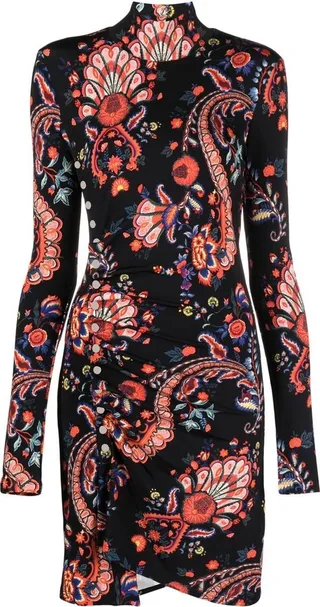 Floral Paisley-Print Draped Minidress