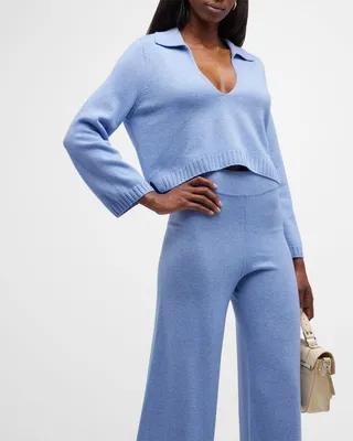 Zoe Cropped Cashmere-Blend V-Neck Polo Top