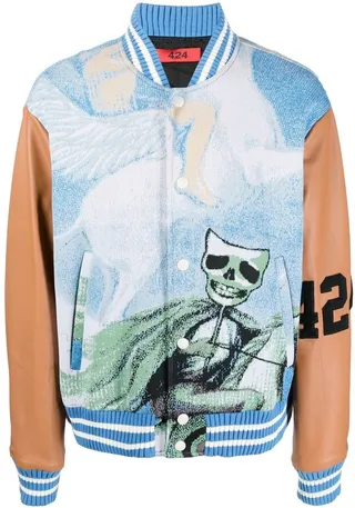 Jacquard-Print Leather-Sleeve Bomber Jacket
