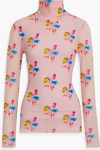 Printed stretch-mesh turtleneck top