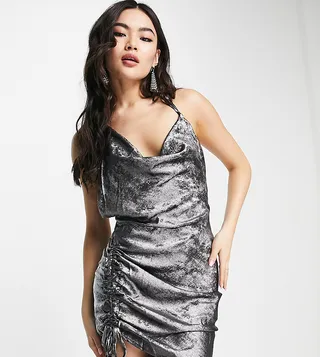 ASYOU ruched hammered satin cowl neck dress in silver